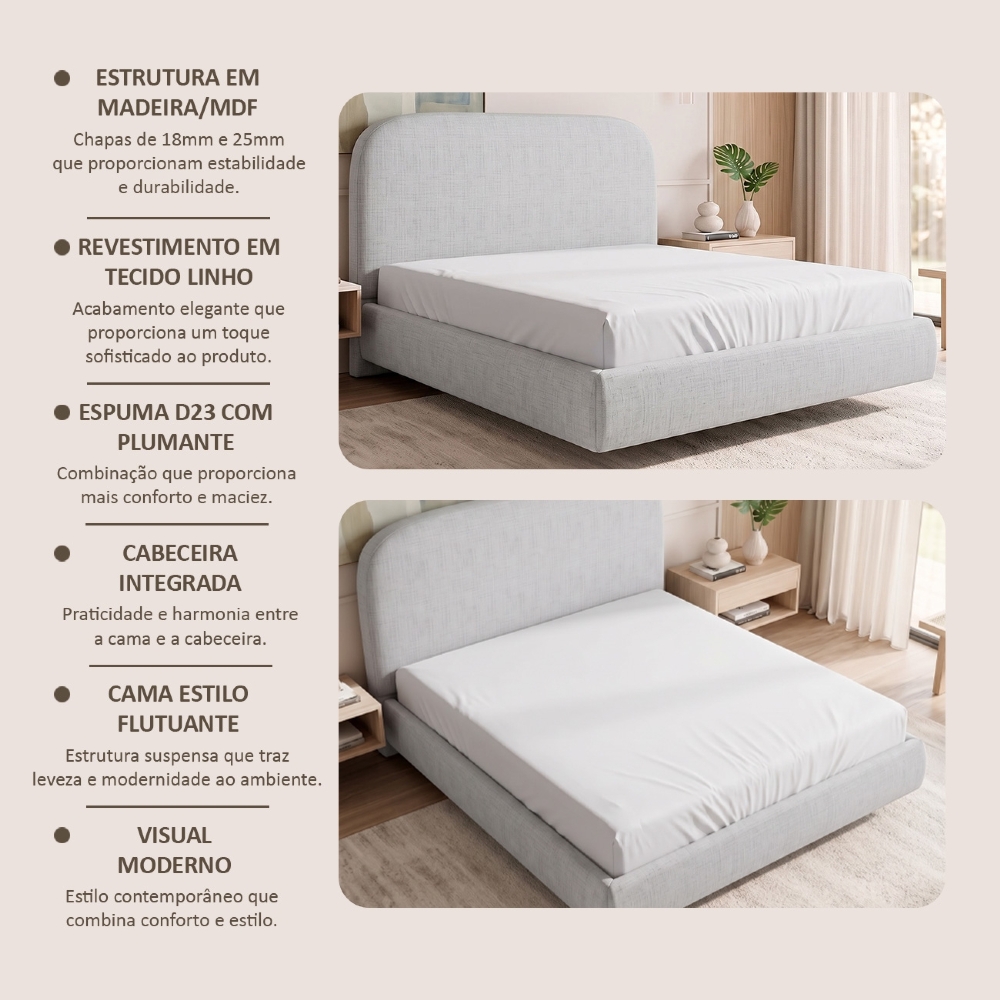 Cama Casal Flutuante Com Cabeceira 140cm Float Linho Cinza - Mpozenato