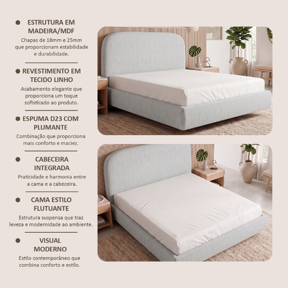 Cama Queen Flutuante Com Cabeceira 160cm Float Linho Cinza - Mpozenato