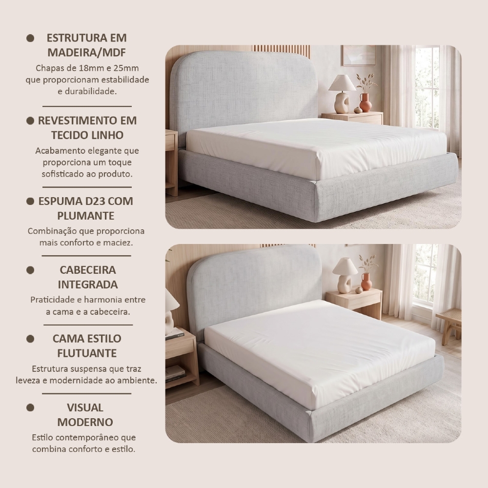 Cama King Flutuante Com Cabeceira 195cm Float Linho Cinza - Mpozenato