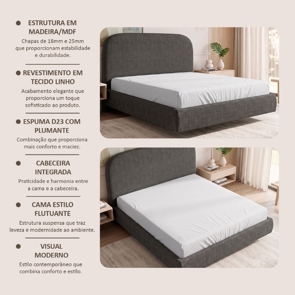 Cama Casal Flutuante Com Cabeceira 140cm Float Linho Cinza Escuro - Mpozenato