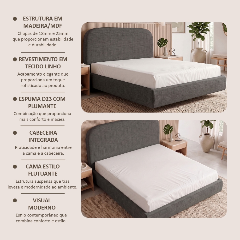 Cama Queen Flutuante Com Cabeceira 160cm Float Linho Cinza Escuro - Mpozenato