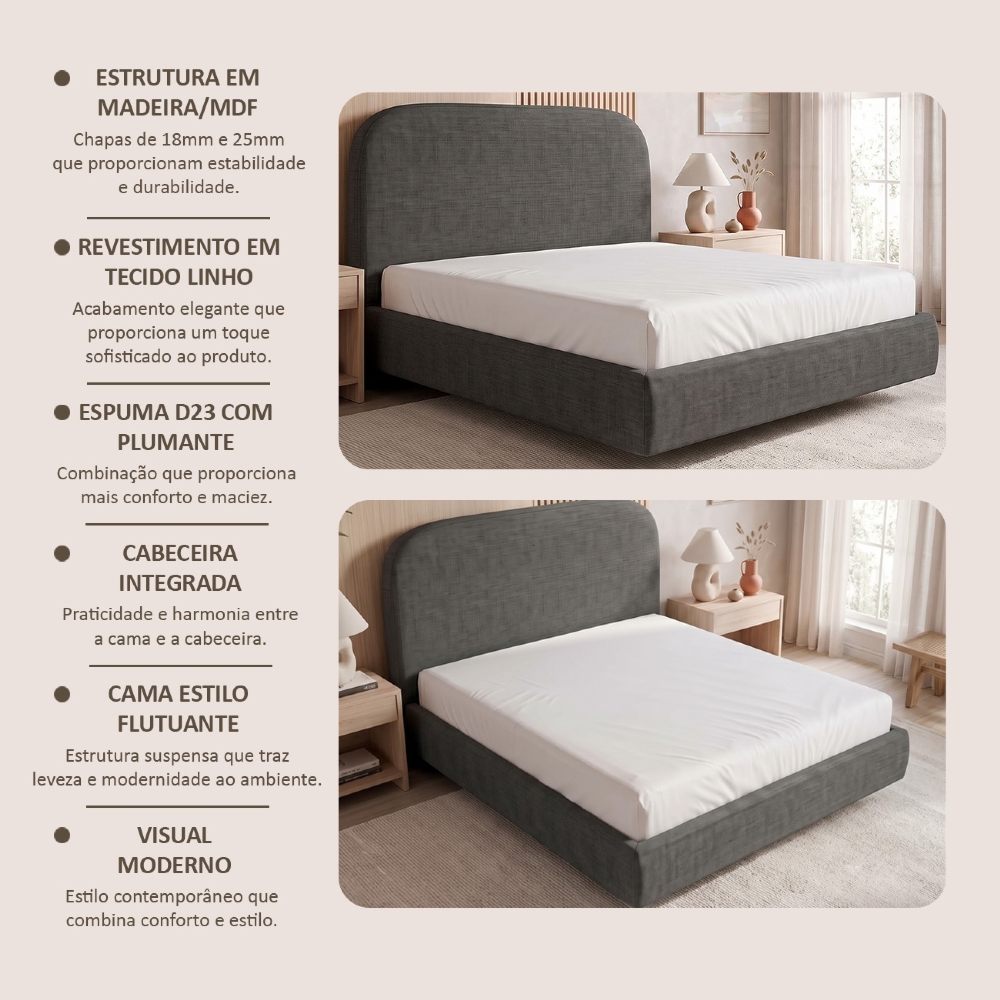 Cama King Flutuante Com Cabeceira 195cm Float Linho Cinza Escuro - Mpozenato