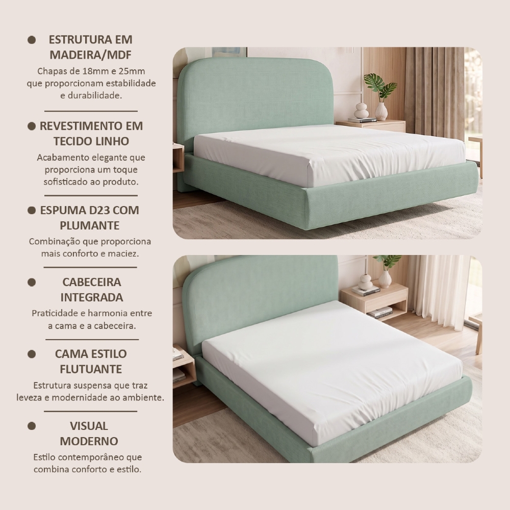 Cama Casal Flutuante Com Cabeceira 140cm Float Linho Verde Menta - Mpozenato