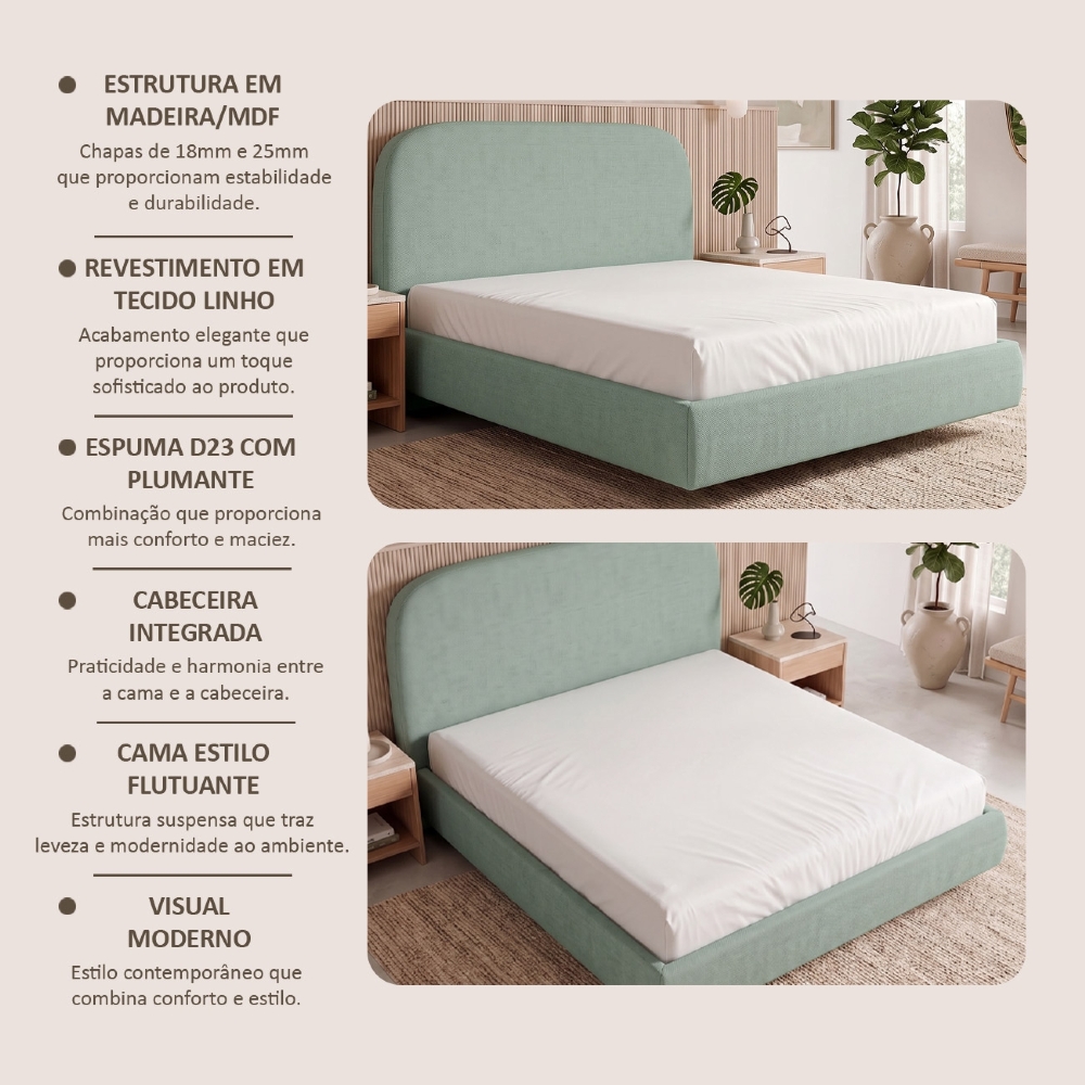 Cama Queen Flutuante Com Cabeceira 160cm Float Linho Verde Menta - Mpozenato