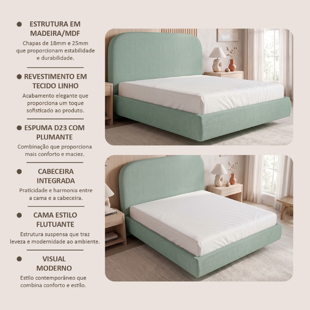 Cama King Flutuante Com Cabeceira 195cm Float Linho Verde Menta - Mpozenato