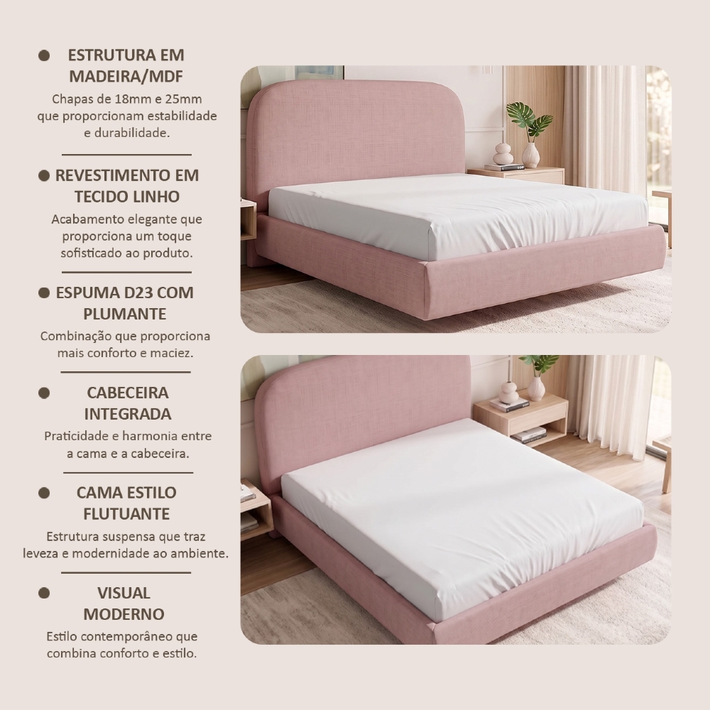 Cama Casal Flutuante Com Cabeceira 140cm Float Linho Rosa - Mpozenato