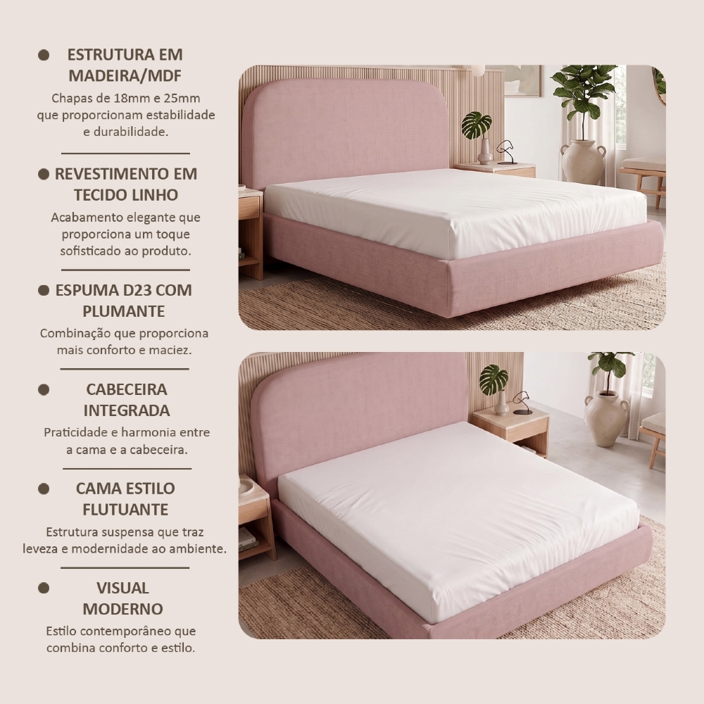 Cama Queen Flutuante Com Cabeceira 160cm Float Linho Rosa - Mpozenato