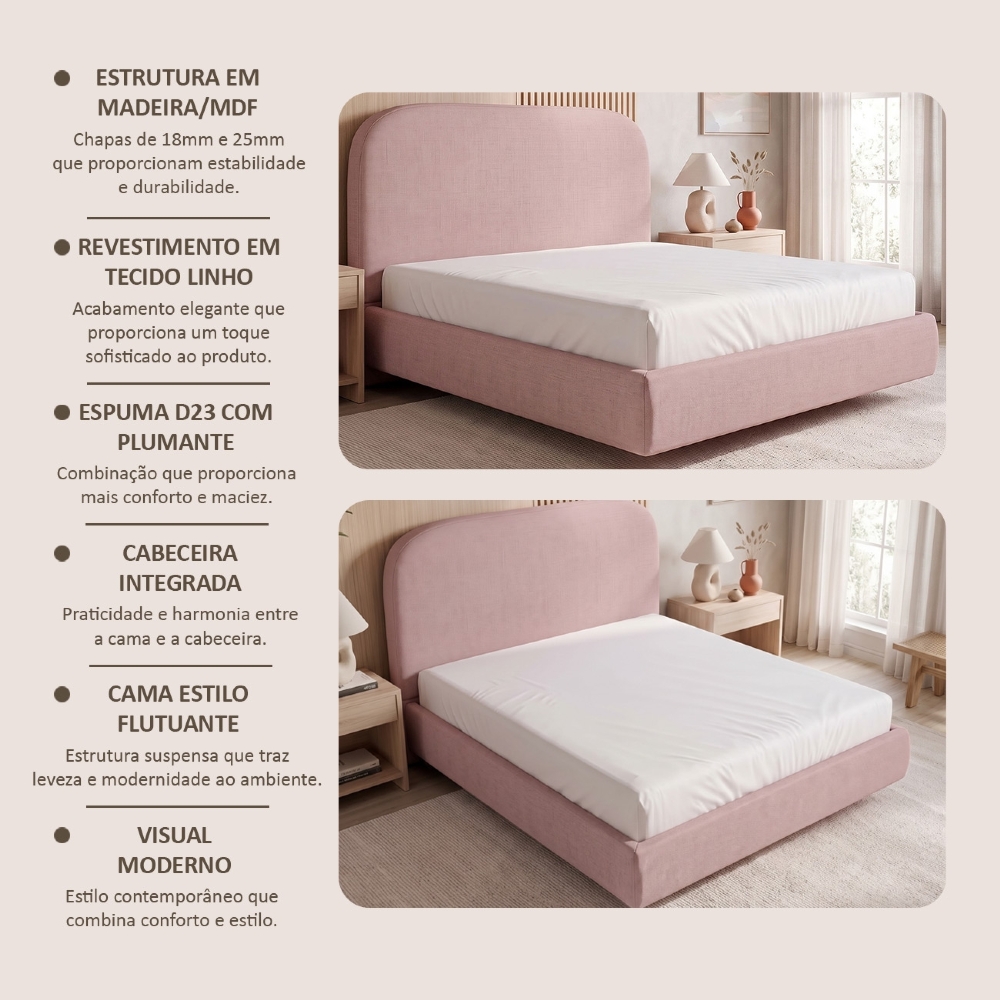 Cama King Flutuante Com Cabeceira 195cm Float Linho Rosa - Mpozenato