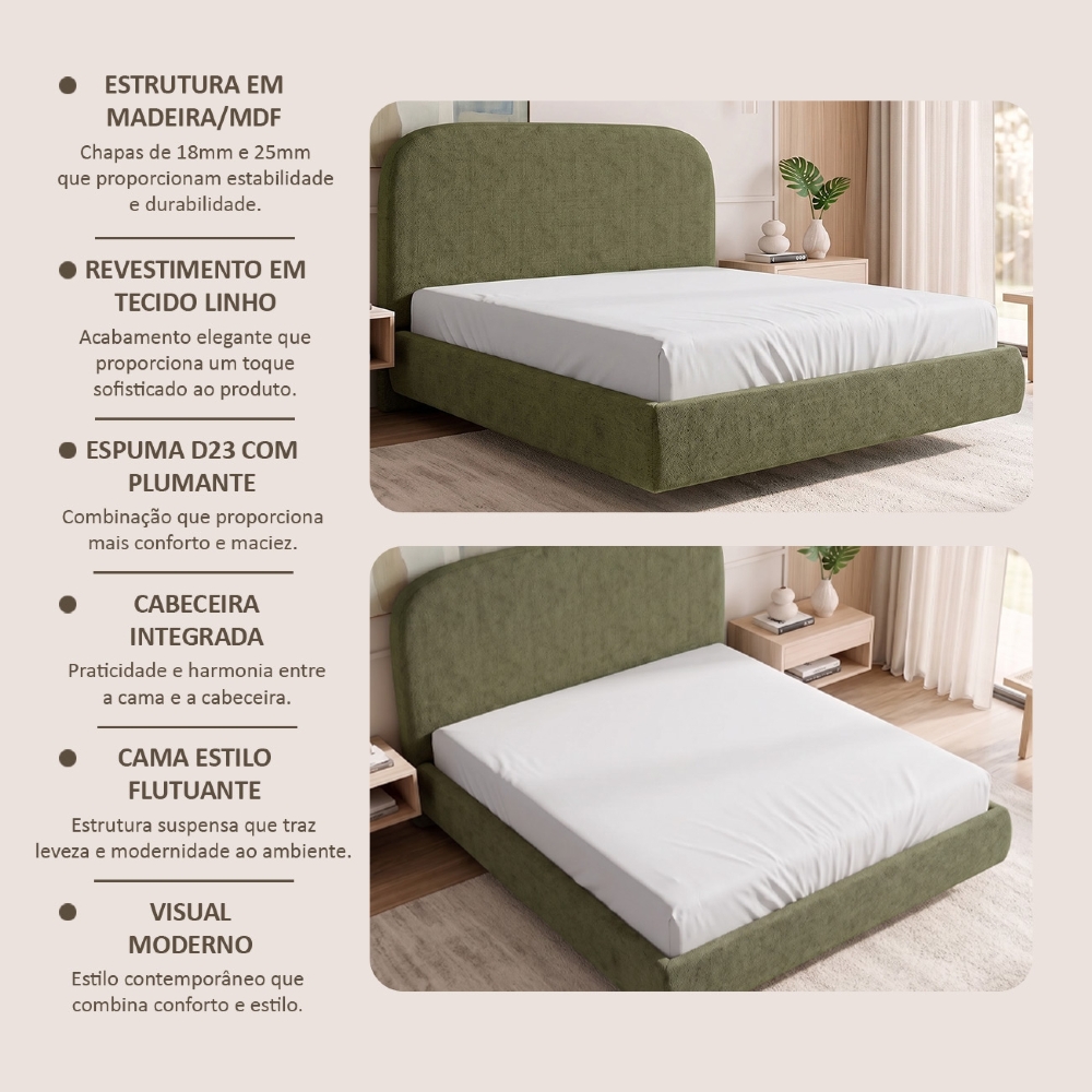 Cama Casal Flutuante Com Cabeceira 140cm Float Linho Verde - Mpozenato