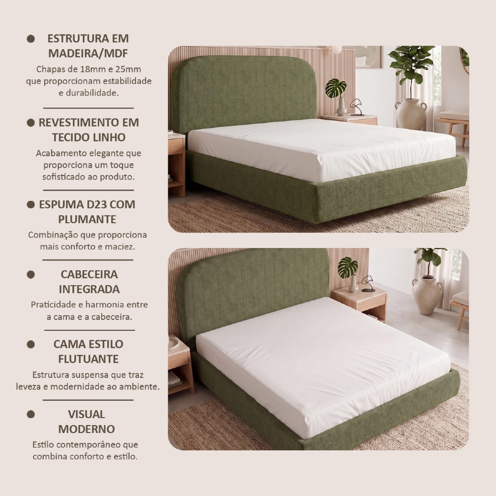 Cama Queen Flutuante Com Cabeceira 160cm Float Linho Verde - Mpozenato