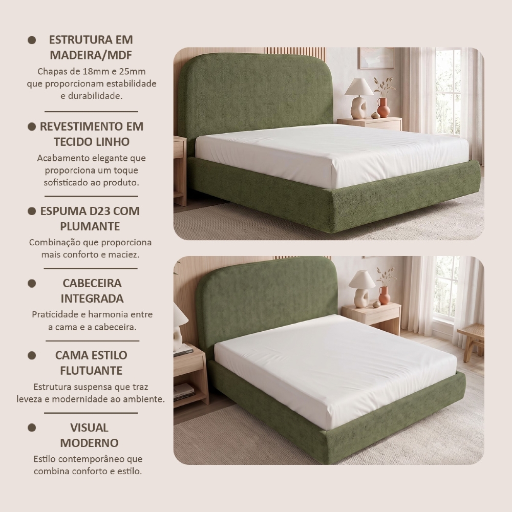 Cama King Flutuante Com Cabeceira 195cm Float Linho Verde - Mpozenato