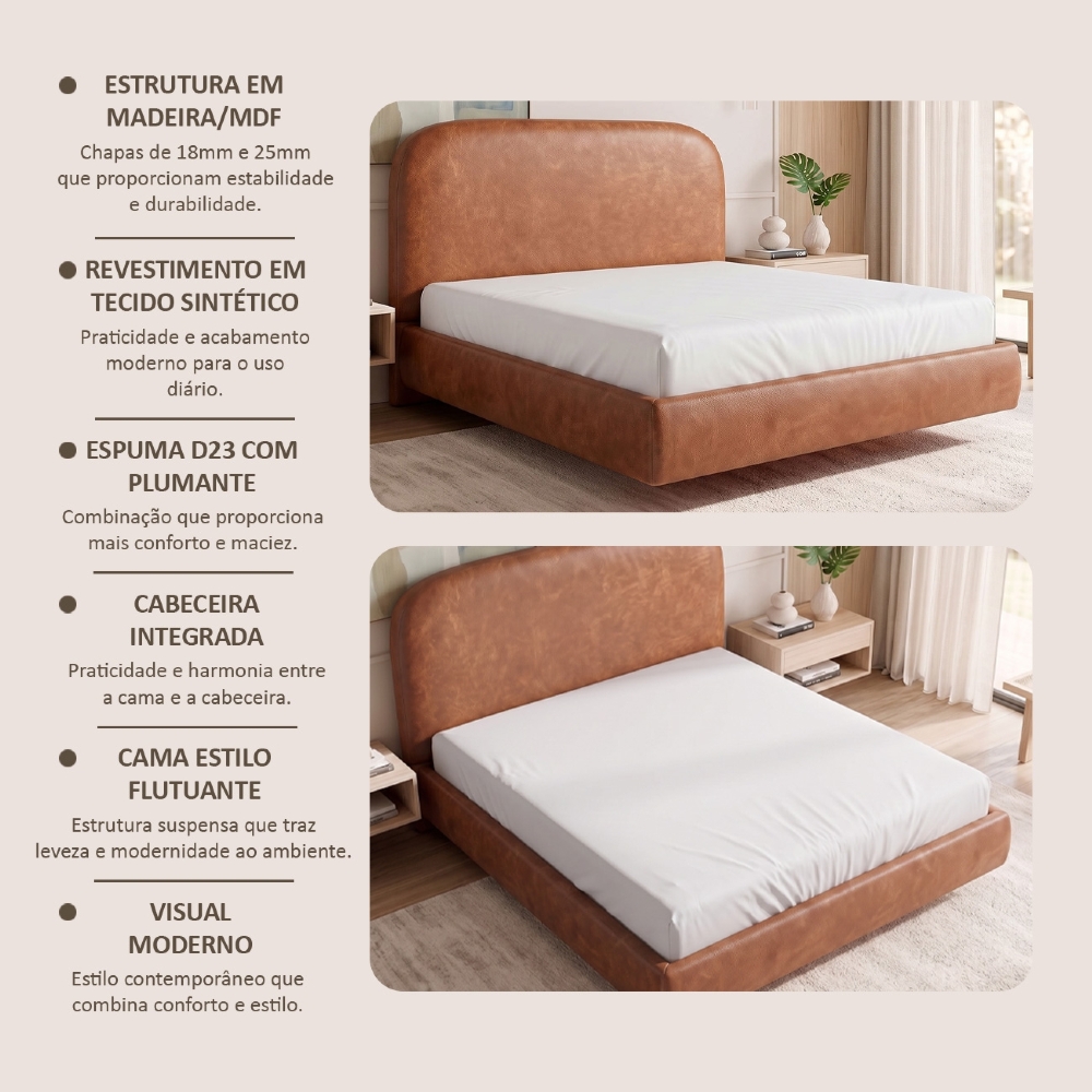 Cama Casal Flutuante Com Cabeceira 140cm Float Sintético Camel - Mpozenato