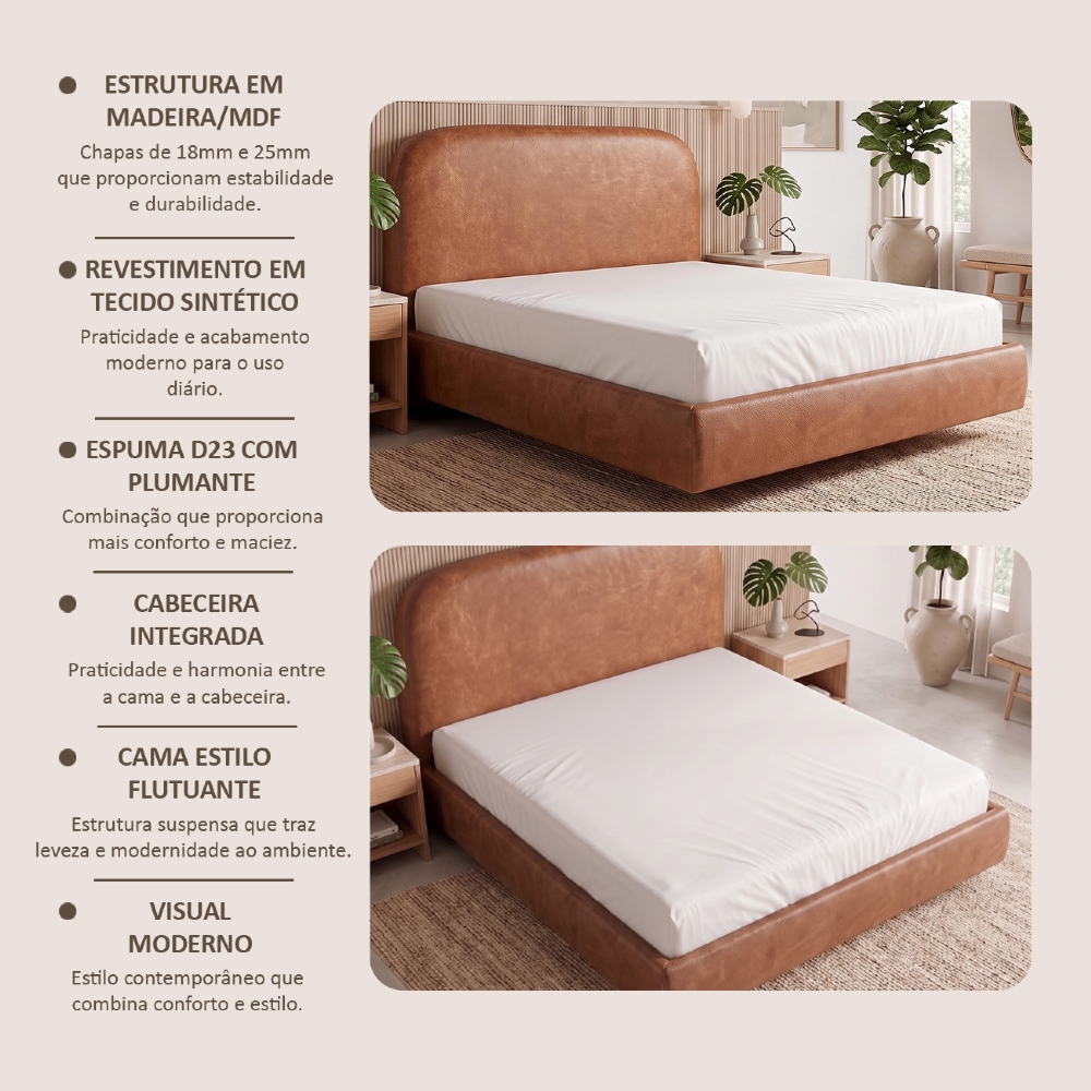 Cama Queen Flutuante Com Cabeceira 160cm Float Sintético Camel - Mpozenato