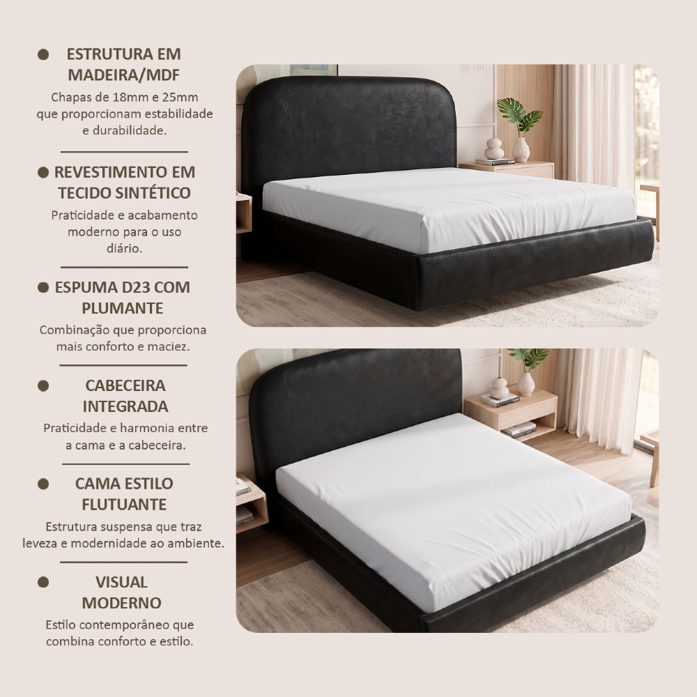 Cama Casal Flutuante Com Cabeceira 140cm Float Sintético Preto - Mpozenato