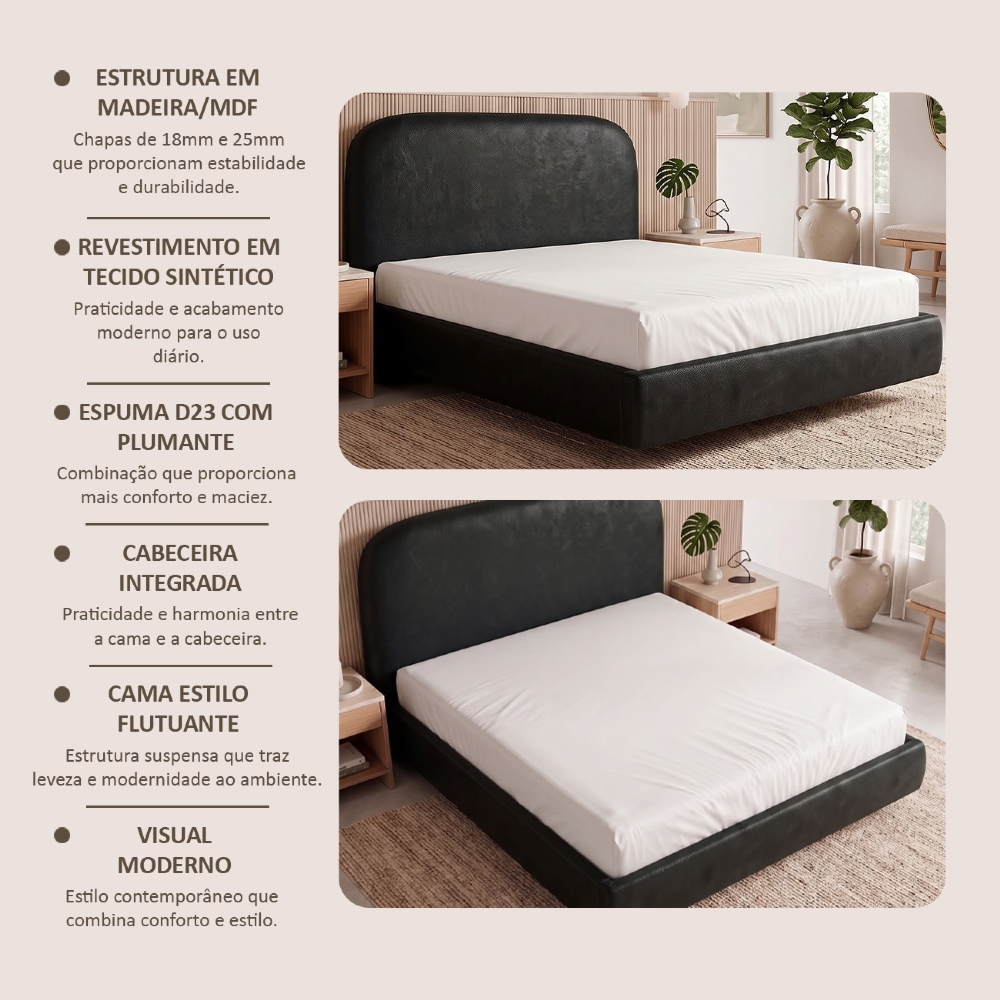 Cama Queen Flutuante Com Cabeceira 160cm Float Sintético Preto - Mpozenato