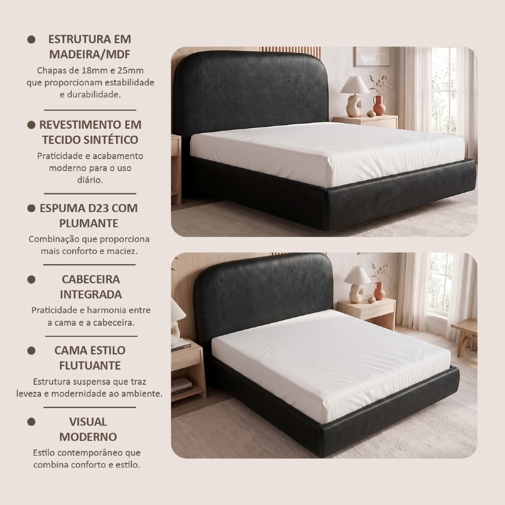 Cama King Flutuante Com Cabeceira 195cm Float Sintético Preto - Mpozenato