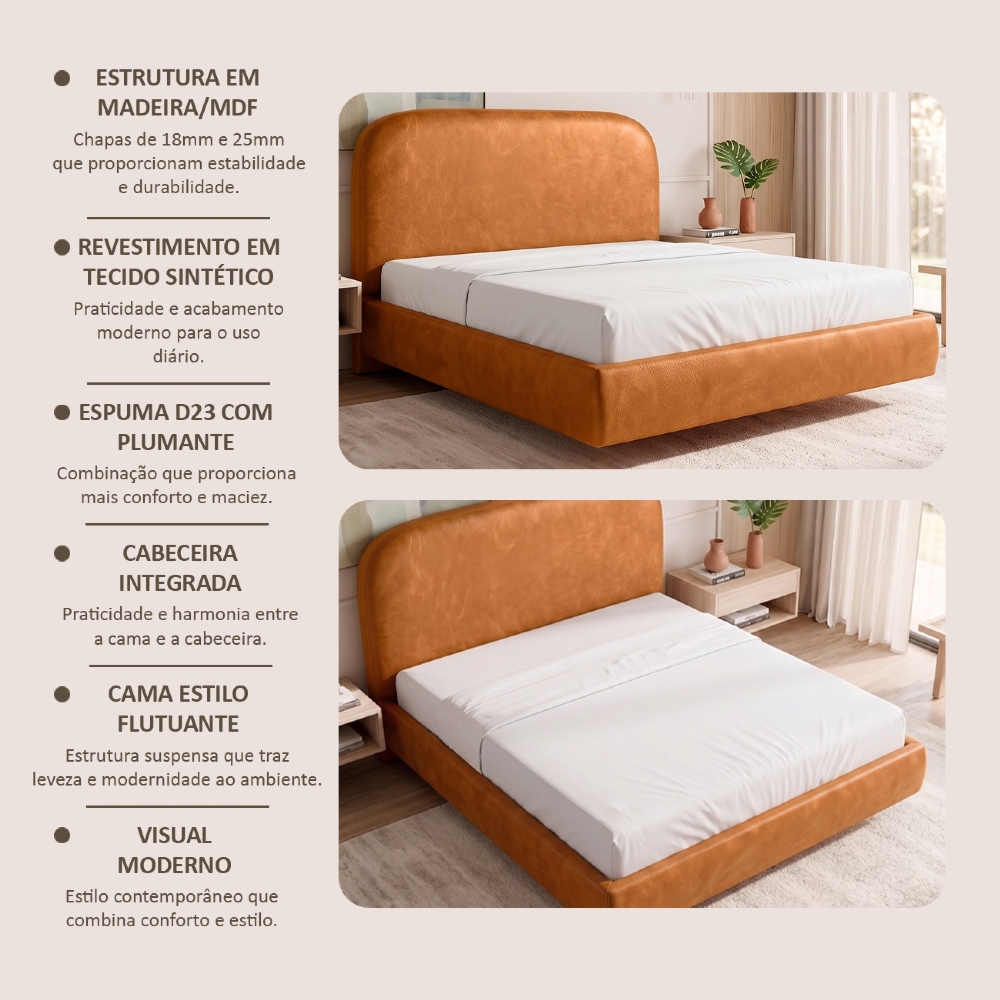 Cama Casal Flutuante Com Cabeceira 140cm Float Sintético Canela - Mpozenato