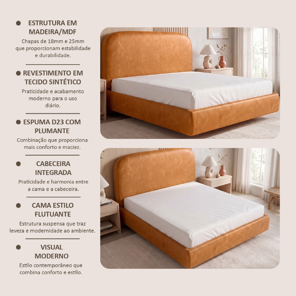 Cama King Flutuante Com Cabeceira 195cm Float Sintético Canela - Mpozenato