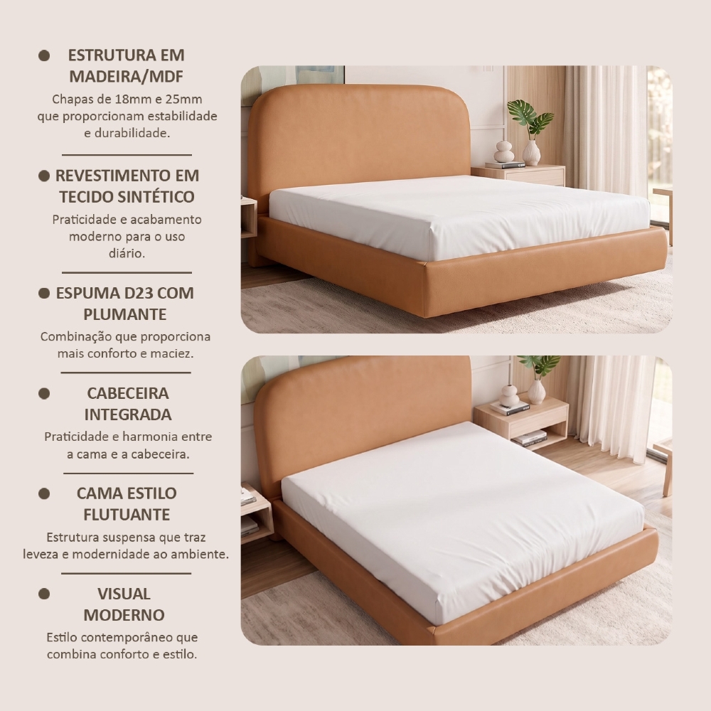 Cama Casal Flutuante Com Cabeceira 140cm Float Sintético Mocca - Mpozenato