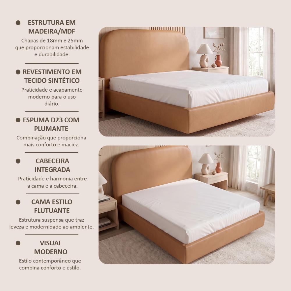 Cama King Flutuante Com Cabeceira 195cm Float Sintético Mocca - Mpozenato