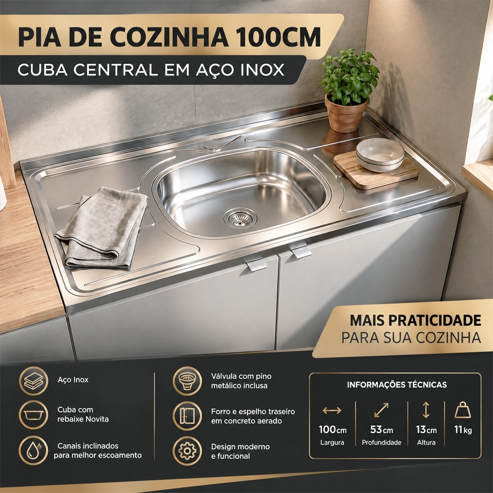 Pia de Cozinha Com Cuba e Válvula Bali 100cm Aço Inox - Ghel Plus