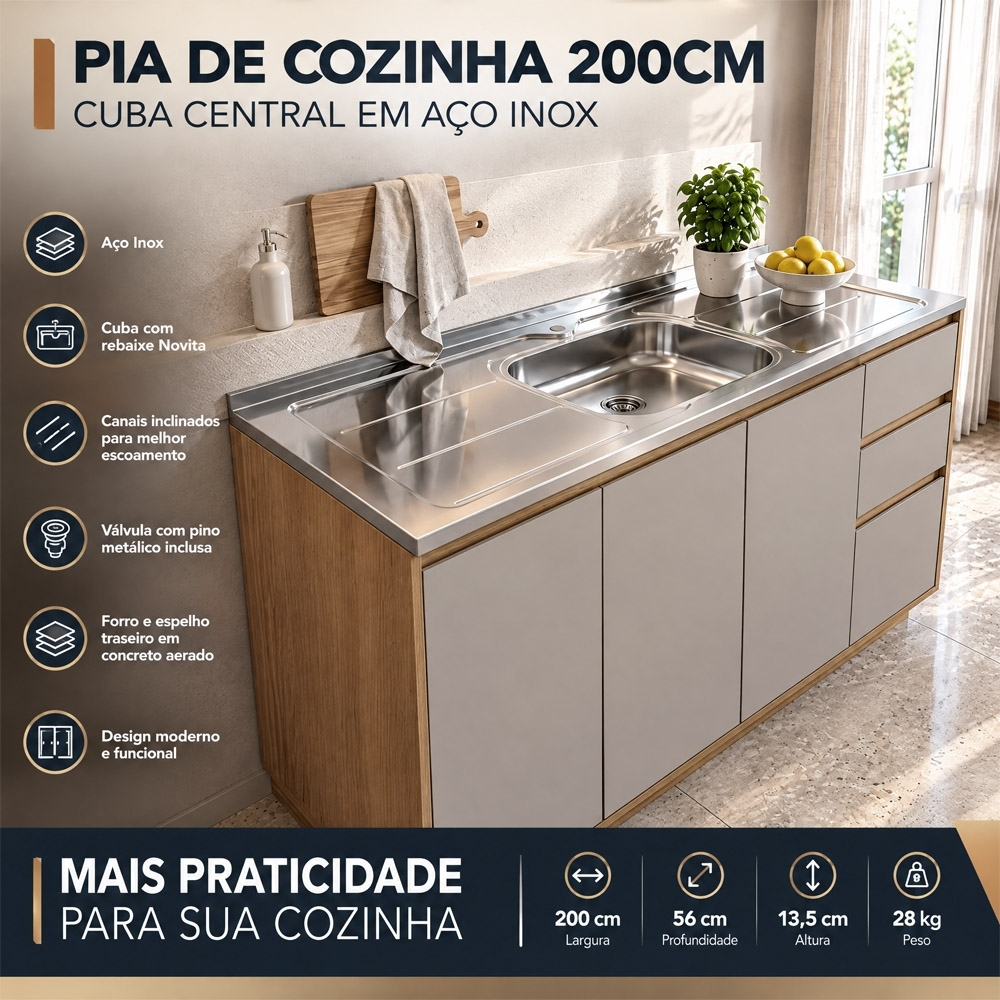 Pia de Cozinha com Cuba e Válvula Bali 200cm Aço Inox - Ghel Plus