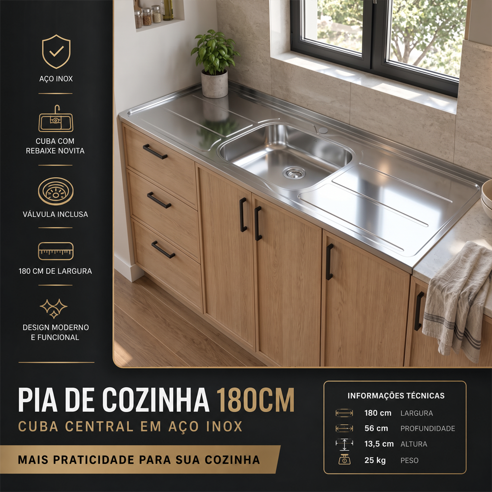 Pia de Cozinha com Cuba 180cm e Válvula Aço Inox - Ghel Plus