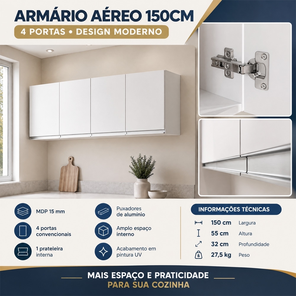 Armário Aéreo 150cm 4 Portas Andréia Branco - AJL Móveis