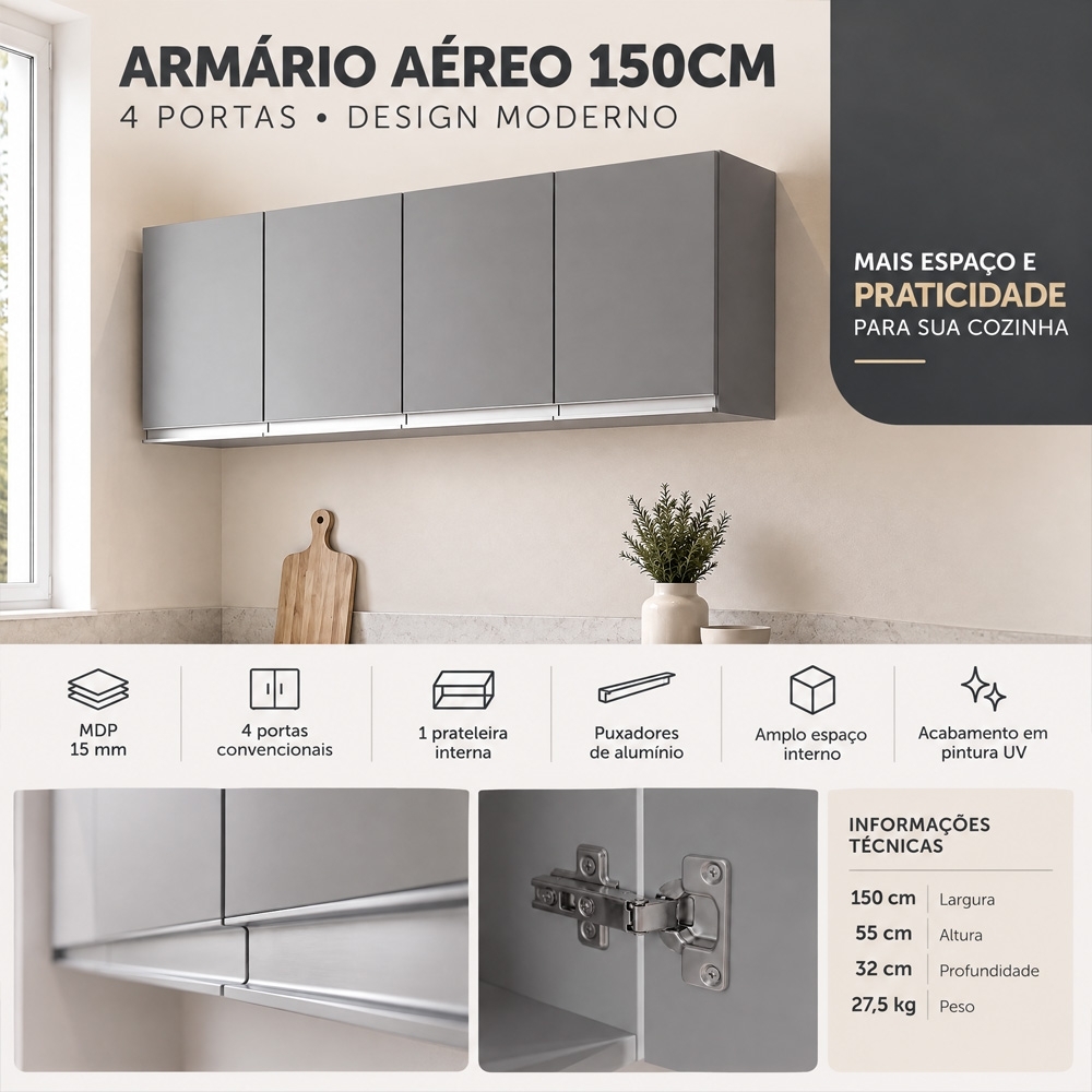Armário Aéreo 150cm 4 Portas Andréia Cinza - AJL Móveis
