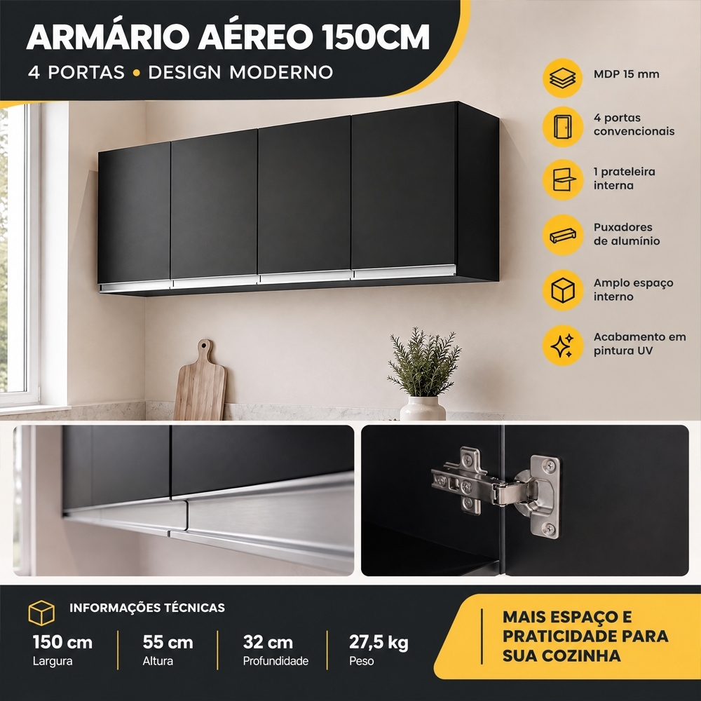 Armário Aéreo 150cm 4 Portas Andréia Preto - AJL Móveis