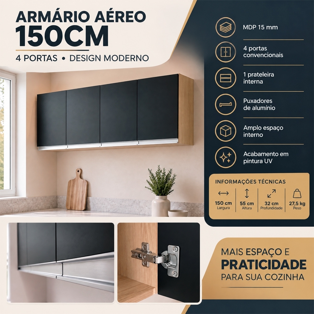 Armário de Cozinha Aéreo 150cm 4 Portas Andréia Amêndoa/Preto - AJL Móveis