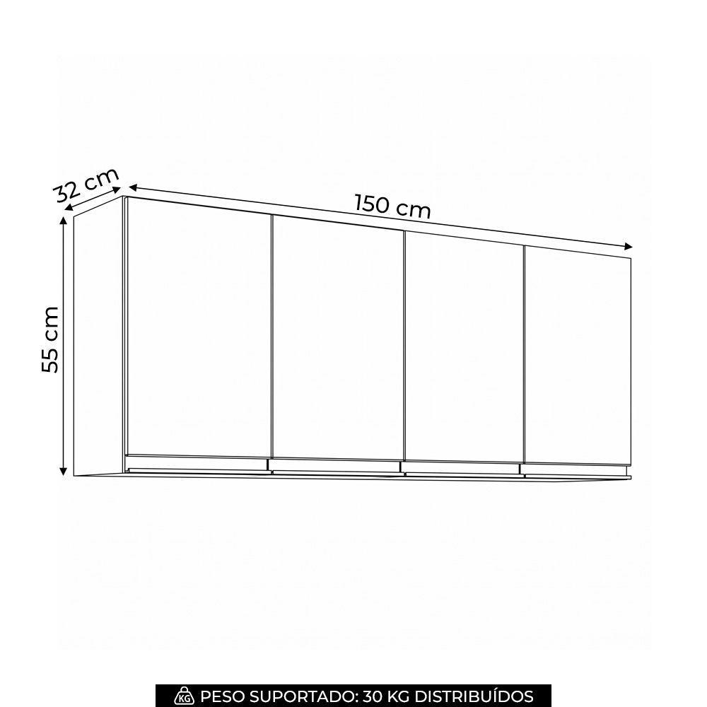 Armário de Cozinha Aéreo 150cm 4 Portas Andréia Amêndoa/Preto - AJL Móveis