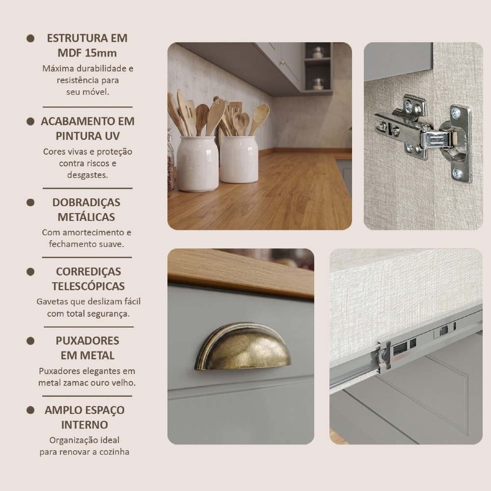 Armário de Cozinha 10 Peças Tampo CP32 Americana Cinza/Nature H02 - Mpozenato