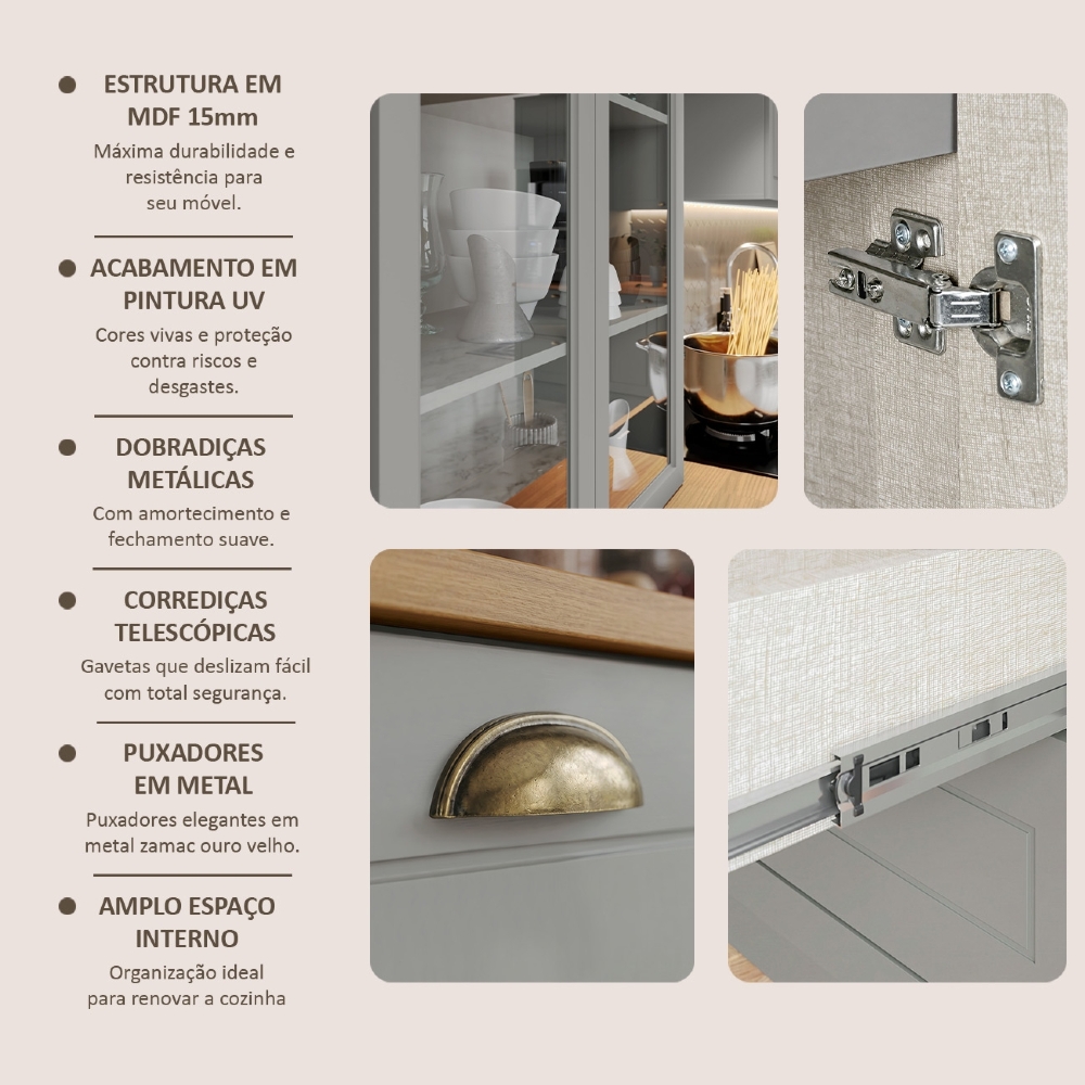 Armário de Cozinha 11 Peças Tampo CP33 Americana Cinza/Nature H02 - Mpozenato