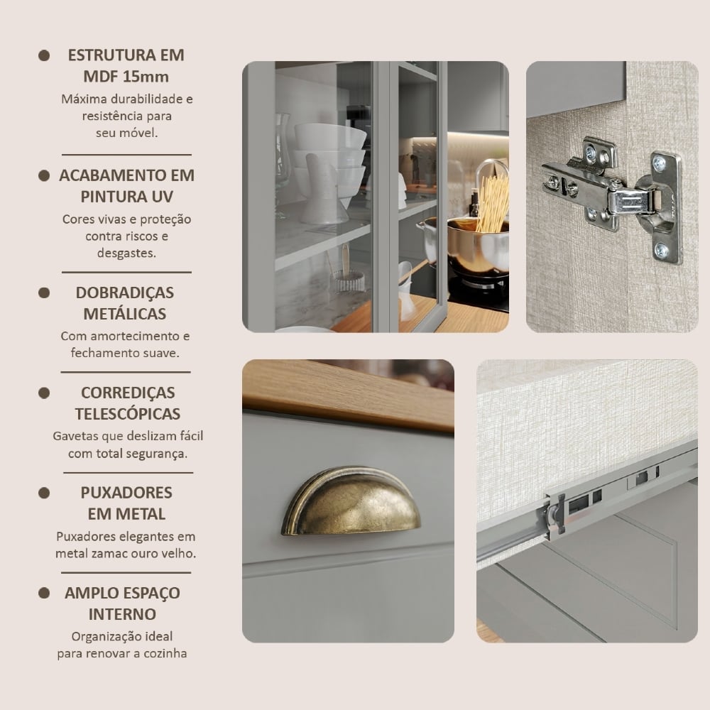 Armário de Cozinha 11 Peças P/ Pia CP34 Americana Cinza/Nature H02 - Mpozenato