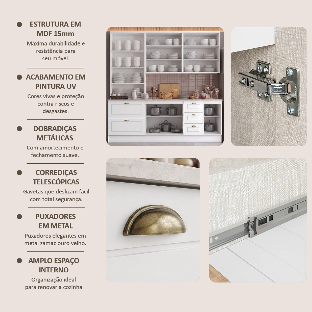 Armário de Cozinha 5 Peças Tampo CP18 Americana Branco/Calcare H02 - Mpozenato
