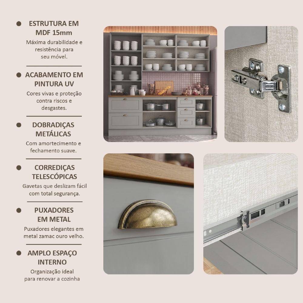 Armário de Cozinha 5 Peças Tampo CP18 Americana Cinza/Nature H02 - Mpozenato