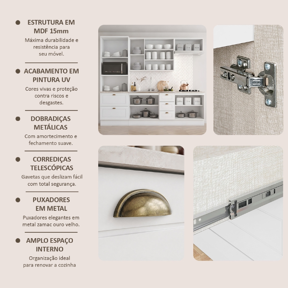 Armário de Cozinha 5 Peças Com Pia CP20 Americana Branco/Calcare H02 - Mpozenato