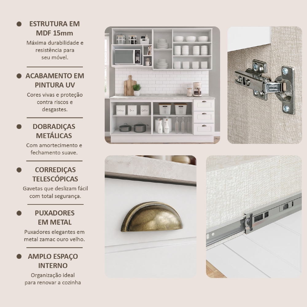 Armário de Cozinha 5 Peças Tampo CP21 Americana Branco/Calcare H02 - Mpozenato