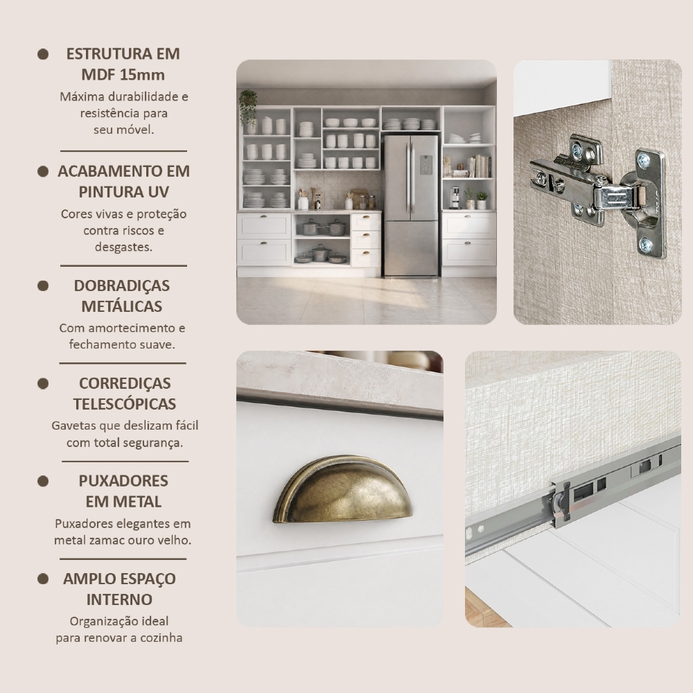 Armário de Cozinha 5 Peças Tampo CP22 Americana Branco/Calcare H02 - Mpozenato