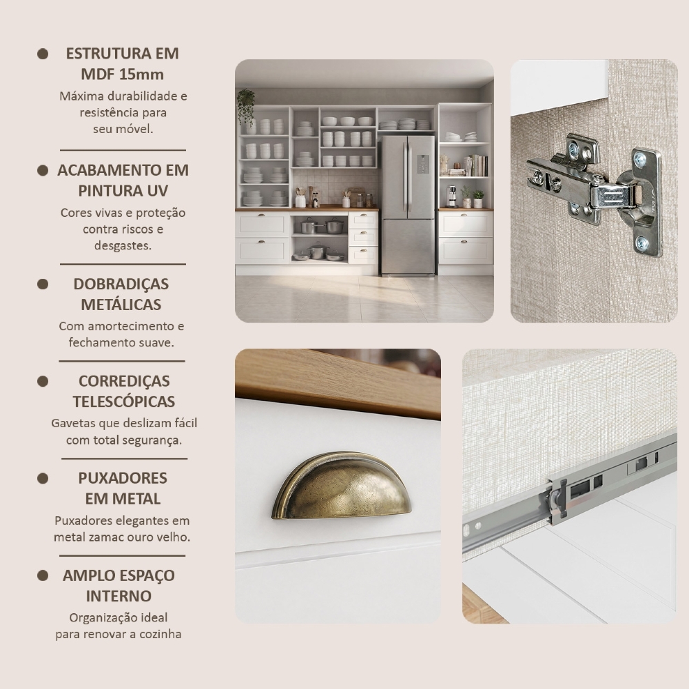Armário de Cozinha 5 Peças Tampo CP22 Americana Branco/Nature H02 - Mpozenato