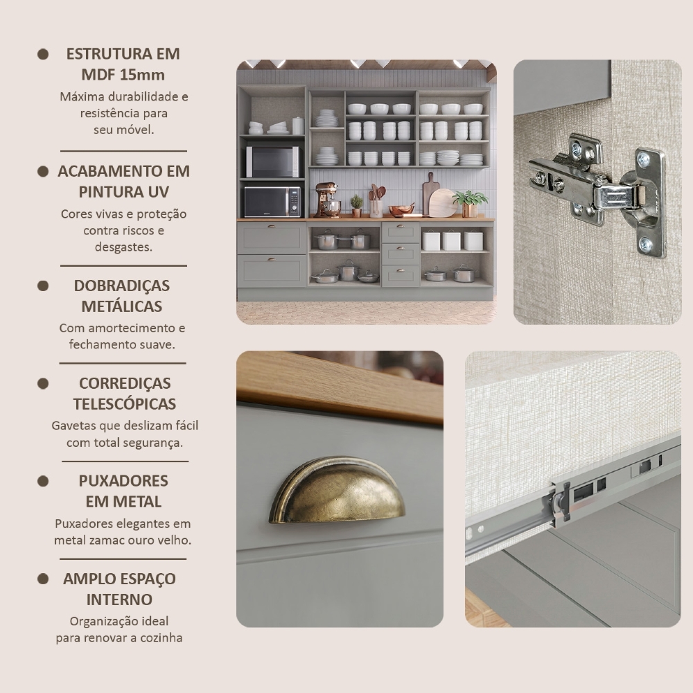 Armário de Cozinha 5 Peças Tampo CP23 Americana Cinza/Nature H02 - Mpozenato