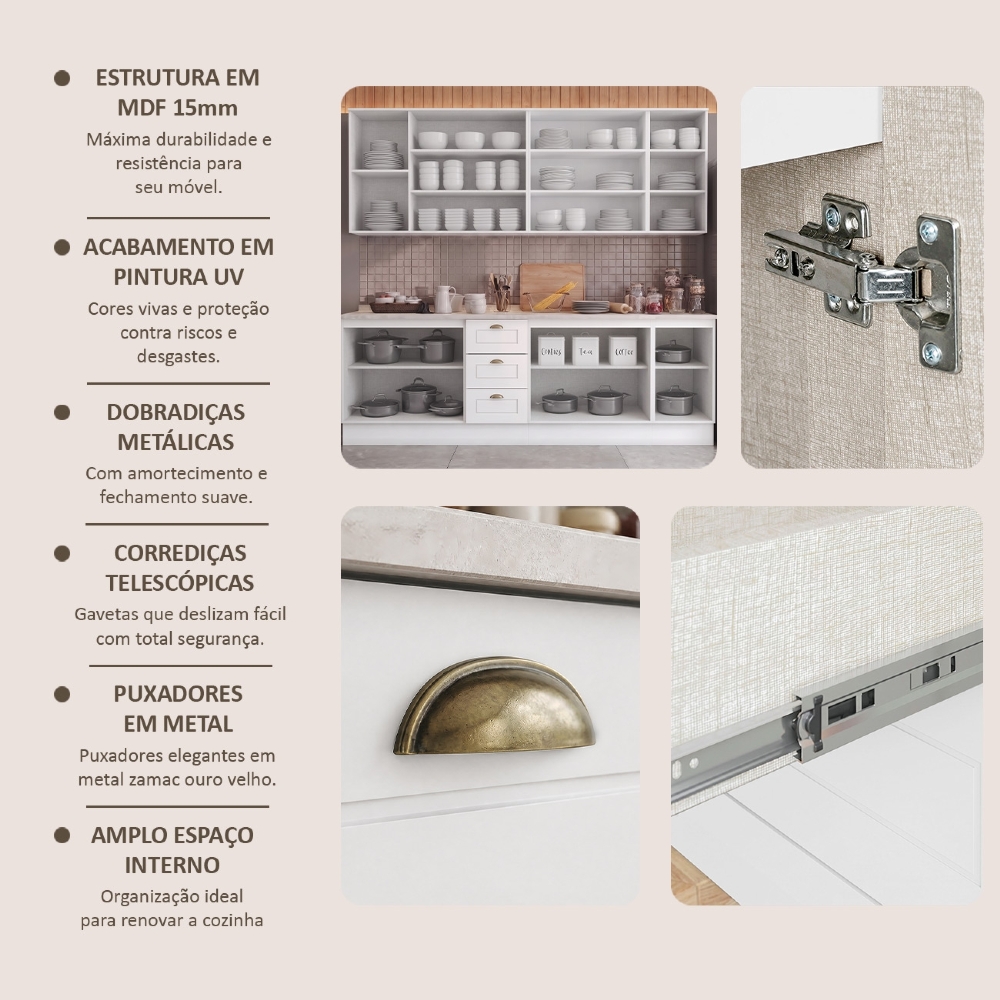 Armário de Cozinha 6 Peças Tampo CP19 Americana Branco/Calcare H02 - Mpozenato