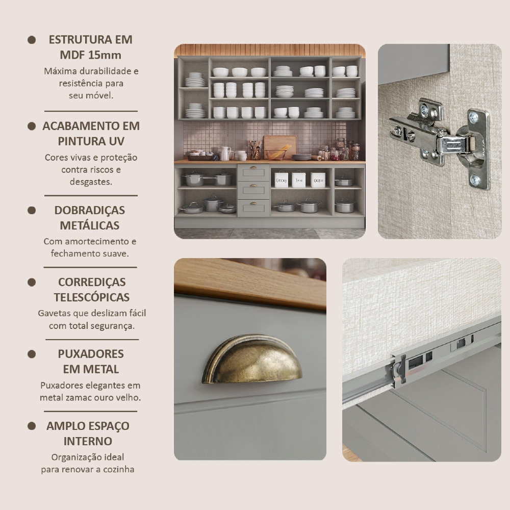 Armário de Cozinha 6 Peças Tampo CP19 Americana Cinza/Nature H02 - Mpozenato
