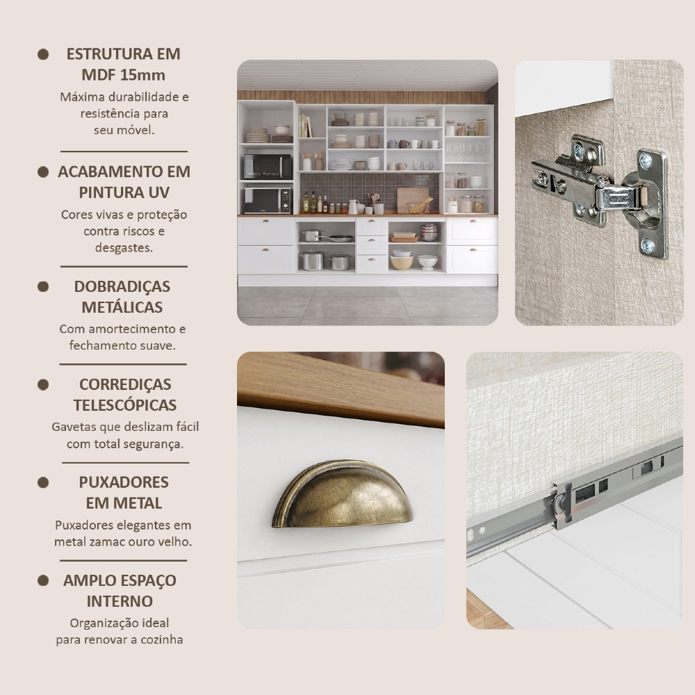 Armário de Cozinha 6 Peças Tampo CP24 Americana Branco/Nature H02 - Mpozenato