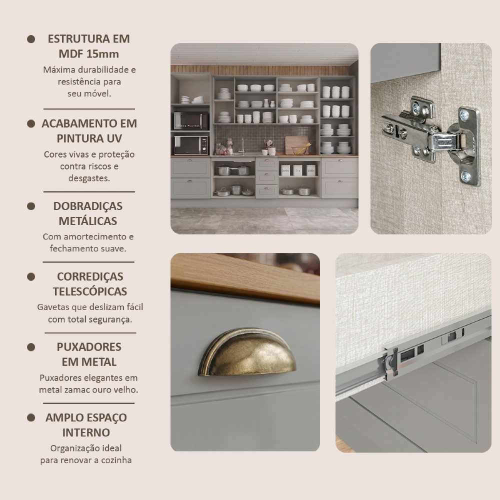 Armário de Cozinha 6 Peças Com Pia CP25 Americana Cinza/Nature H02 - Mpozenato