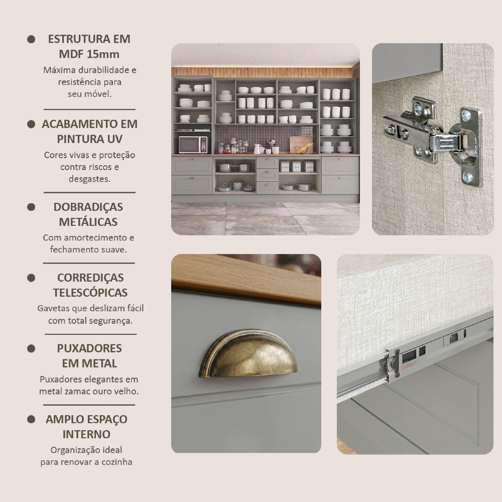 Armário de Cozinha 6 Peças Tampo CP26 Americana Cinza/Nature H02 - Mpozenato