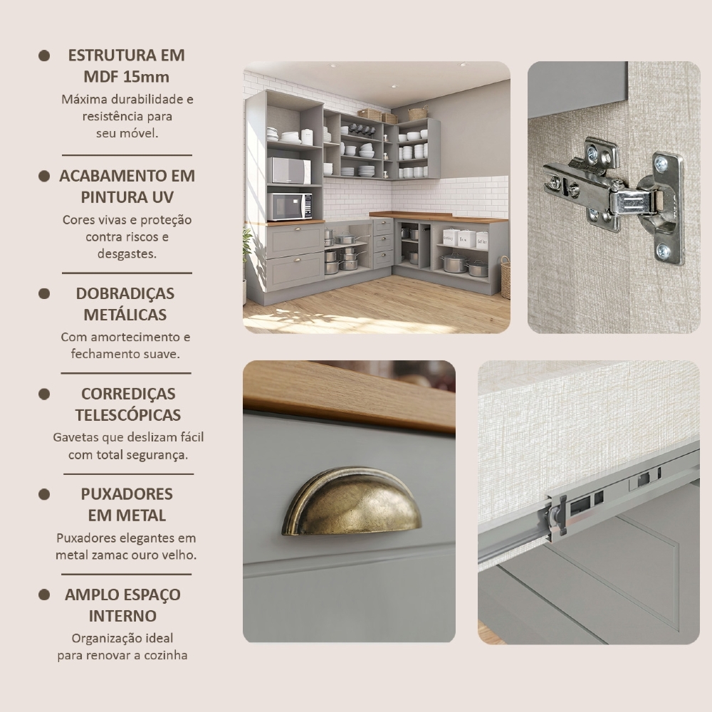 Armário de Cozinha 7 Peças P/ Pia CP27 Americana Cinza/Nature H02 - Mpozenato