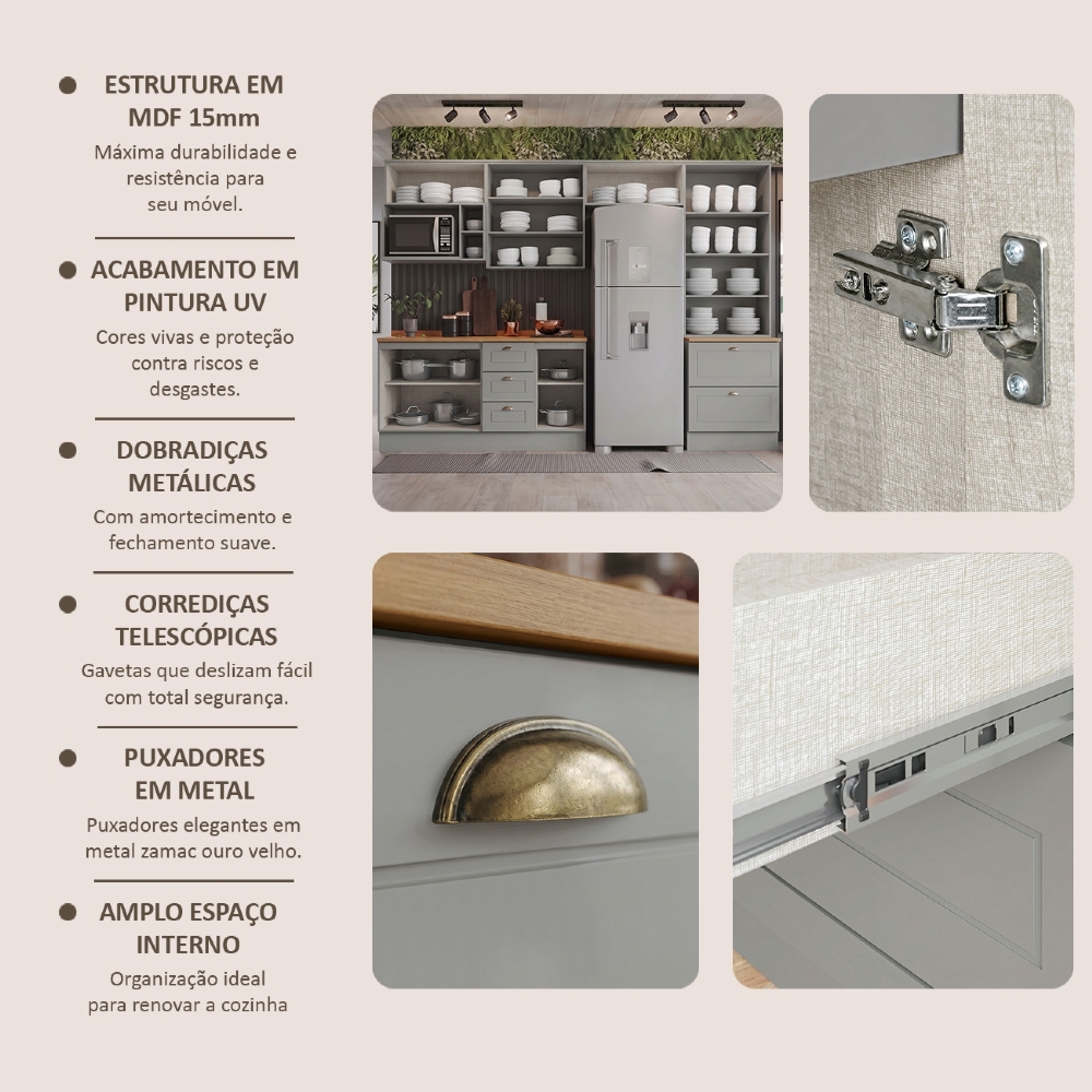 Armário de Cozinha 7 Peças Tampo CP28 Americana Cinza/Nature H02 - Mpozenato