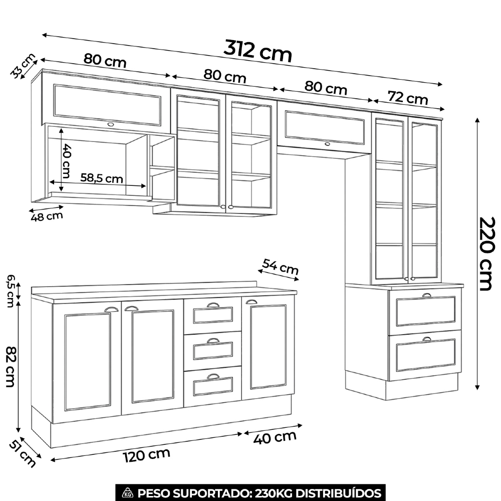 Armário de Cozinha 7 Peças Tampo CP28 Americana Cinza/Nature H02 - Mpozenato